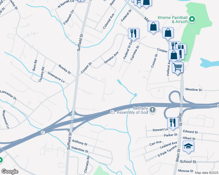 map of restaurants, bars, coffee shops, grocery stores, and more near 50 Cardinal Drive in Agawam