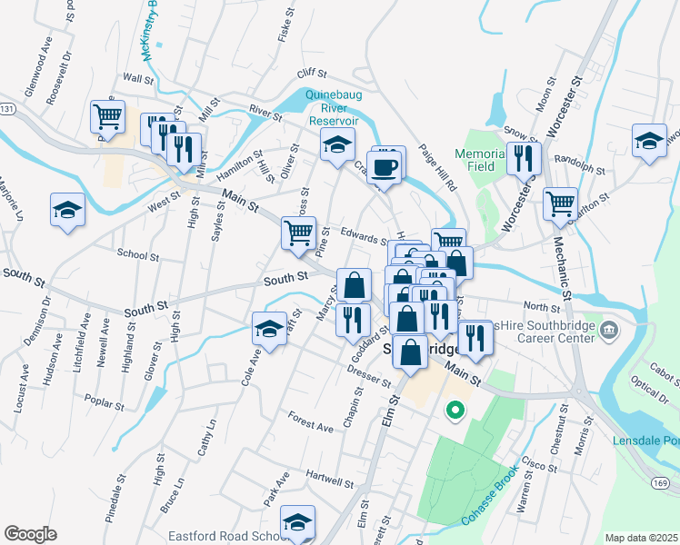 map of restaurants, bars, coffee shops, grocery stores, and more near 80 Marcy Street in Southbridge