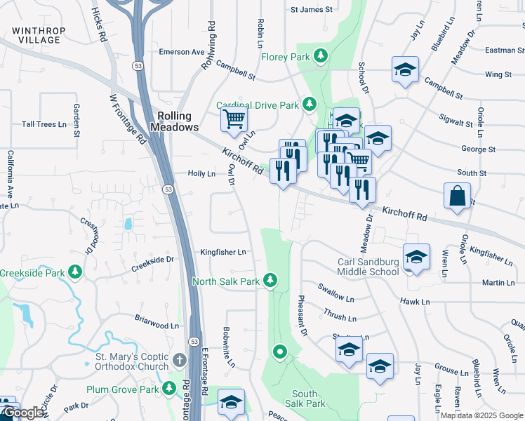 map of restaurants, bars, coffee shops, grocery stores, and more near 3335 Kirchoff Road in Rolling Meadows