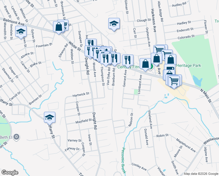 map of restaurants, bars, coffee shops, grocery stores, and more near 35 Thompson Street in East Longmeadow