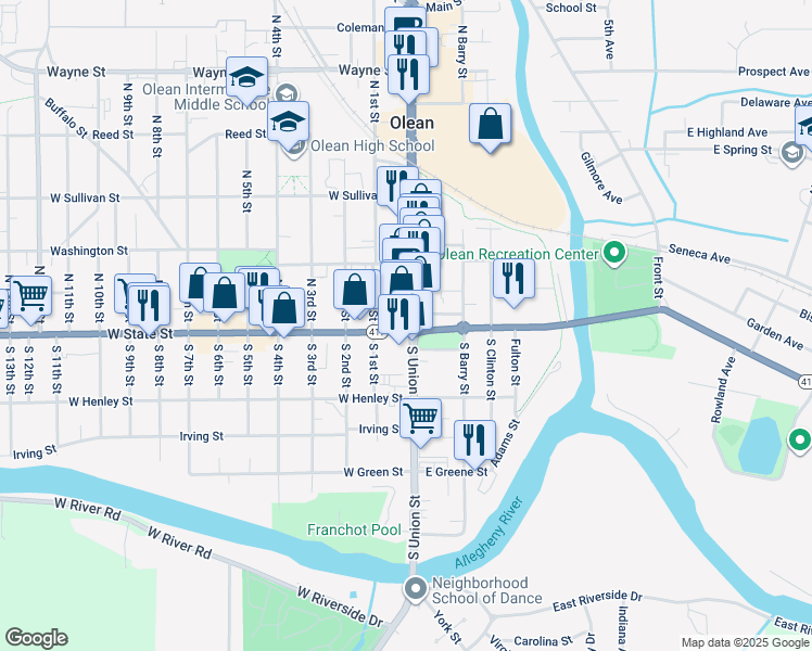 map of restaurants, bars, coffee shops, grocery stores, and more near 129 North Union Street in Olean