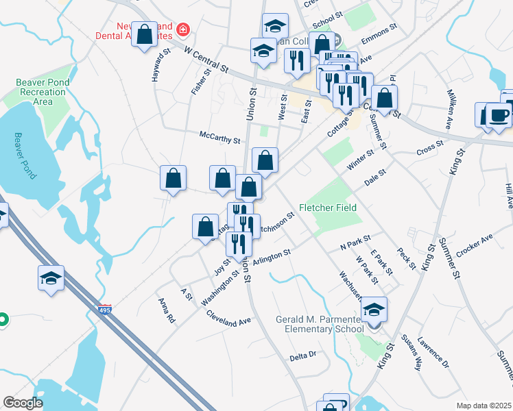 map of restaurants, bars, coffee shops, grocery stores, and more near 178 Cottage Street in Franklin