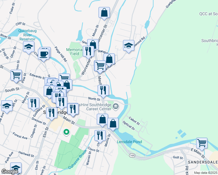 map of restaurants, bars, coffee shops, grocery stores, and more near 24 Pearl Street in Southbridge