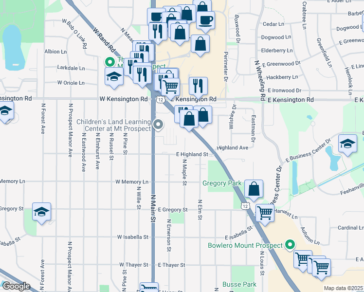 map of restaurants, bars, coffee shops, grocery stores, and more near 630 Maple Court in Mount Prospect