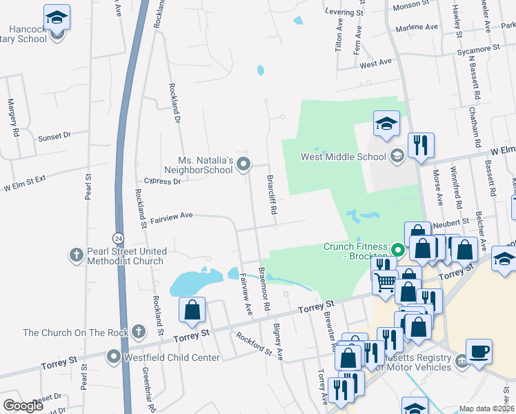 map of restaurants, bars, coffee shops, grocery stores, and more near 40 Briarcliff Road in Brockton