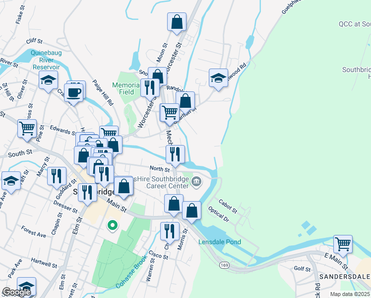 map of restaurants, bars, coffee shops, grocery stores, and more near 24 Pearl Street in Southbridge