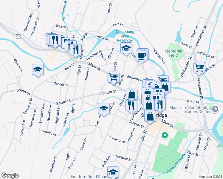 map of restaurants, bars, coffee shops, grocery stores, and more near 37 Oakes Avenue in Southbridge
