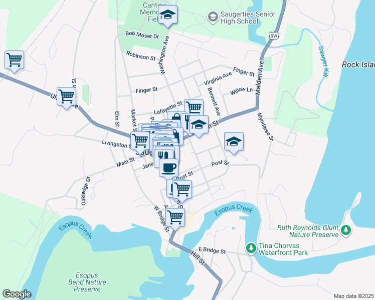 map of restaurants, bars, coffee shops, grocery stores, and more near 96 Washington Avenue in Saugerties