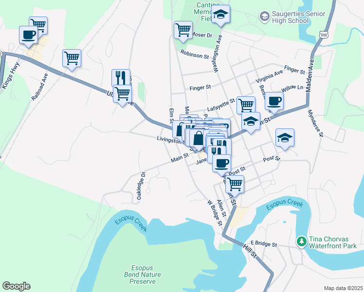 map of restaurants, bars, coffee shops, grocery stores, and more near 282 Main Street in Saugerties