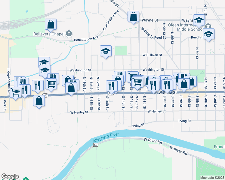 map of restaurants, bars, coffee shops, grocery stores, and more near 117 North 15th Street in Olean