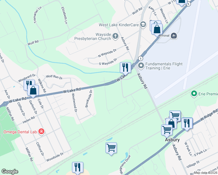 map of restaurants, bars, coffee shops, grocery stores, and more near 4857-4899 W Lake Rd in Erie