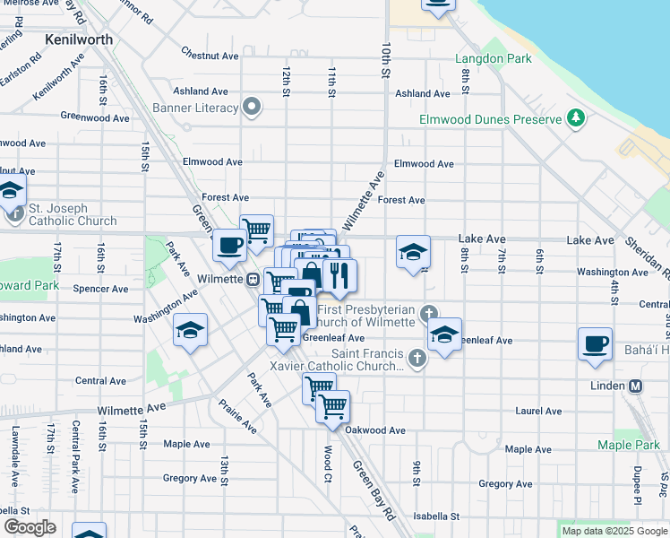 map of restaurants, bars, coffee shops, grocery stores, and more near 1125 Wilmette Avenue in Wilmette