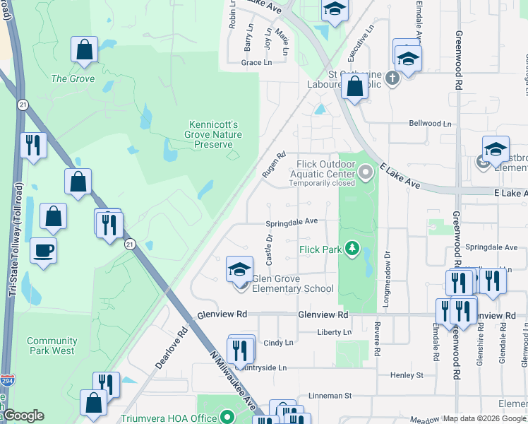 map of restaurants, bars, coffee shops, grocery stores, and more near 3911 Rugen Road in Glenview