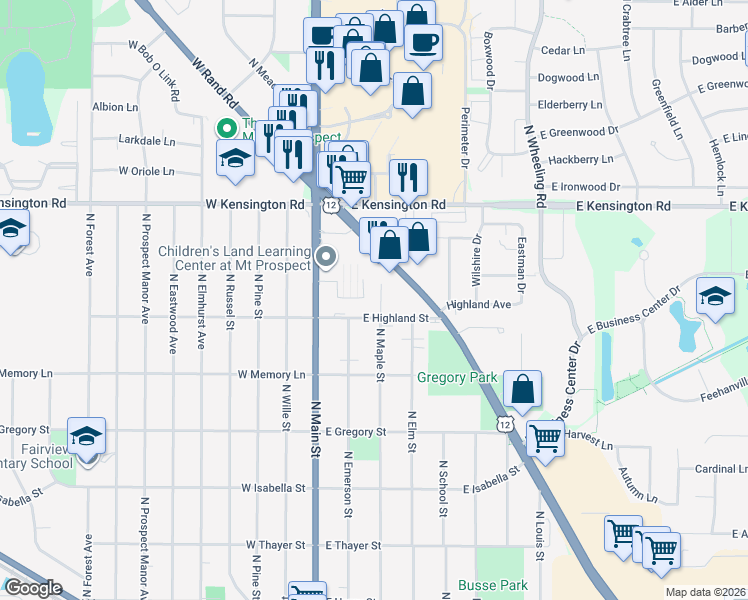 map of restaurants, bars, coffee shops, grocery stores, and more near 630 Maple Court in Mount Prospect