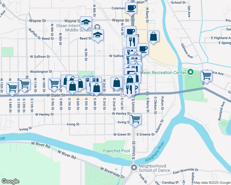 map of restaurants, bars, coffee shops, grocery stores, and more near 220 West State Street in Olean