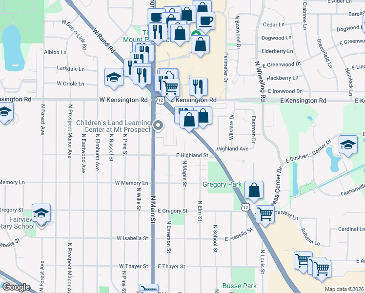 map of restaurants, bars, coffee shops, grocery stores, and more near 630 Maple Court in Mount Prospect