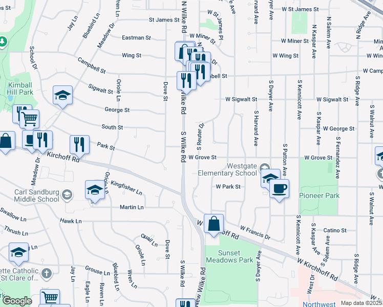 map of restaurants, bars, coffee shops, grocery stores, and more near 317 South Reuter Drive in Arlington Heights