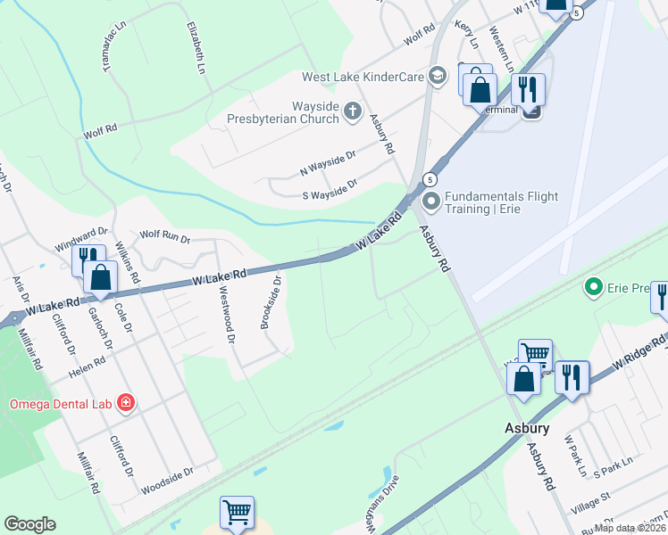 map of restaurants, bars, coffee shops, grocery stores, and more near 4857-4899 W Lake Rd in Erie