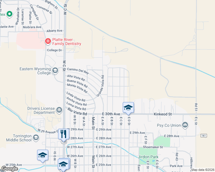map of restaurants, bars, coffee shops, grocery stores, and more near Uno Vista Rd in Torrington