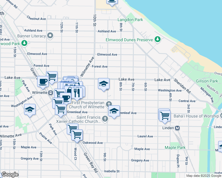 map of restaurants, bars, coffee shops, grocery stores, and more near 738 9th Street in Wilmette