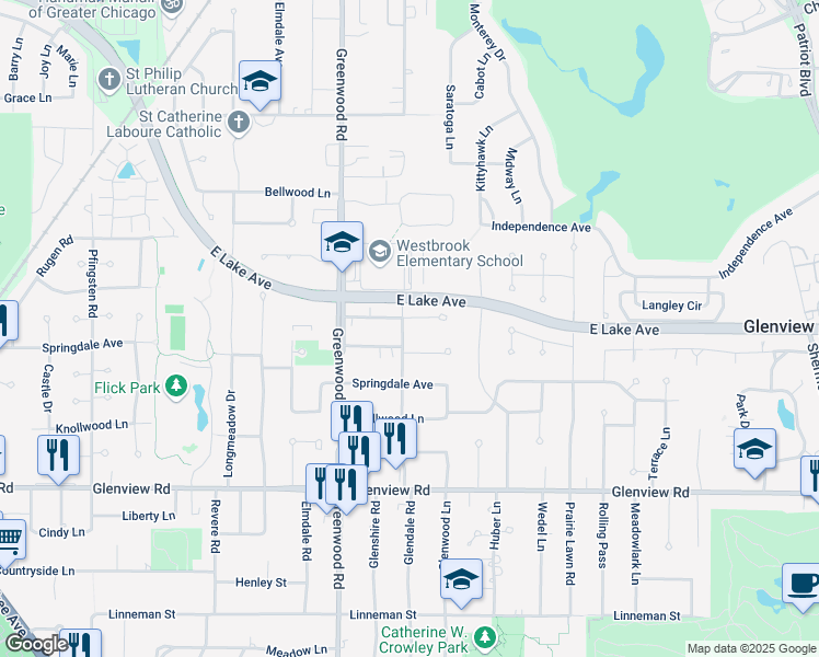 map of restaurants, bars, coffee shops, grocery stores, and more near 3065 Lindenwood Lane in Glenview