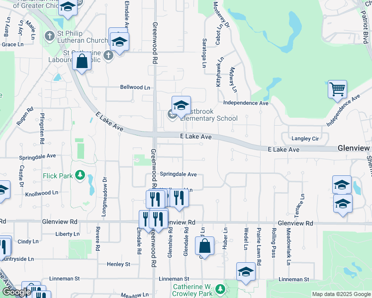 map of restaurants, bars, coffee shops, grocery stores, and more near 3065 Lindenwood Lane in Glenview