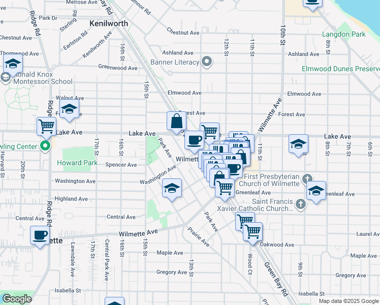 map of restaurants, bars, coffee shops, grocery stores, and more near in Wilmette