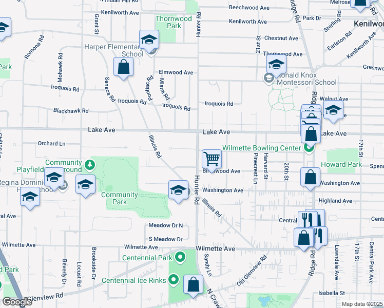 map of restaurants, bars, coffee shops, grocery stores, and more near 2244 Schiller Avenue in Wilmette