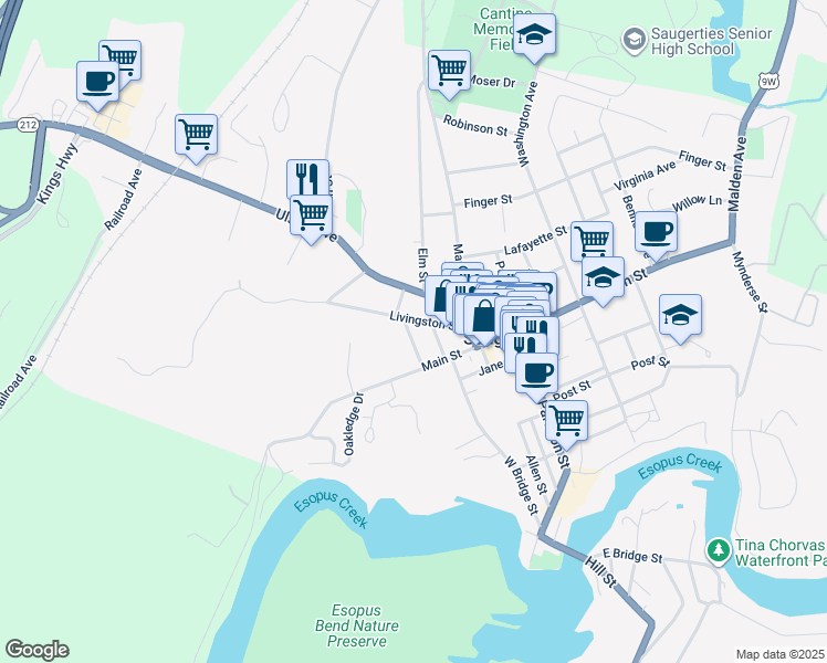 map of restaurants, bars, coffee shops, grocery stores, and more near 27 2nd Street in Saugerties