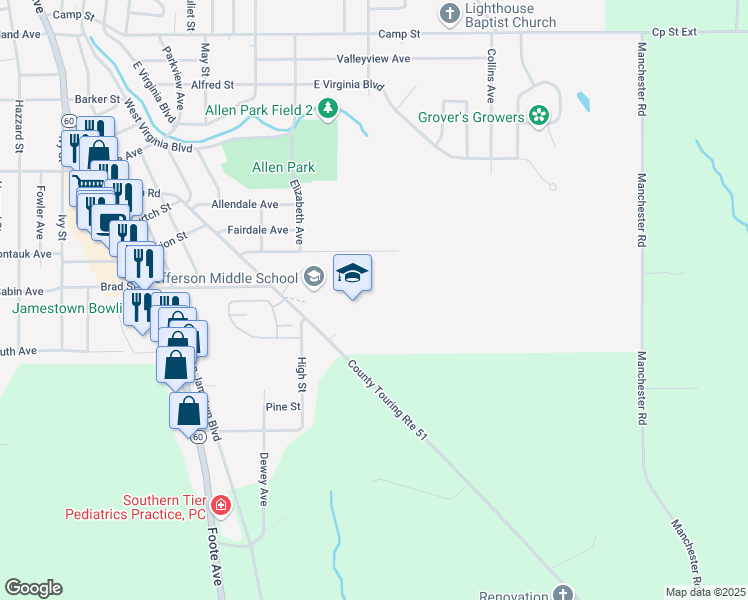 map of restaurants, bars, coffee shops, grocery stores, and more near 195 Martin Road in Jamestown