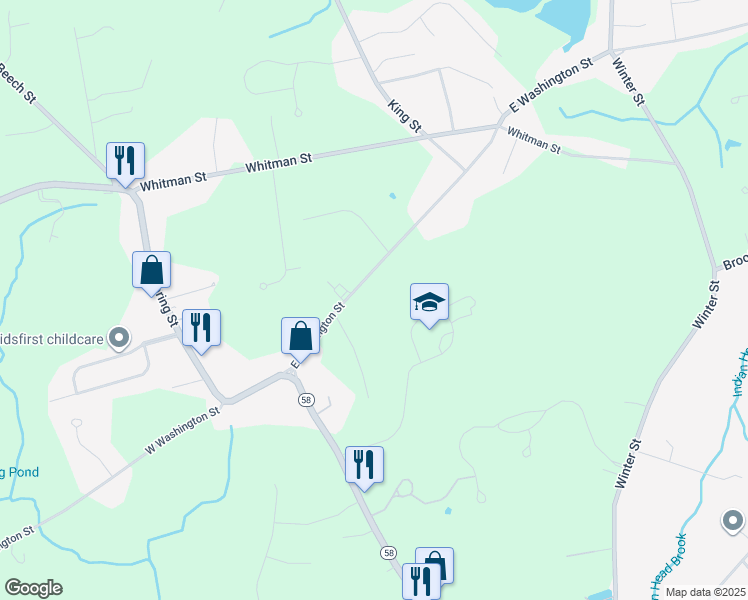 map of restaurants, bars, coffee shops, grocery stores, and more near 220 East Washington Street in Hanson