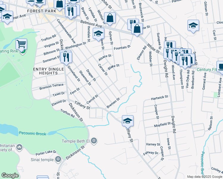 map of restaurants, bars, coffee shops, grocery stores, and more near 137 Carroll Street in Springfield