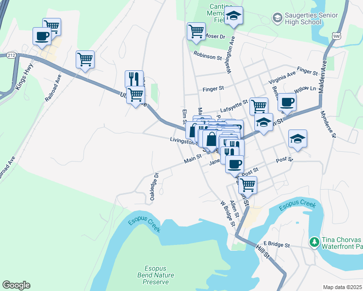 map of restaurants, bars, coffee shops, grocery stores, and more near 30 Livingston Street in Saugerties