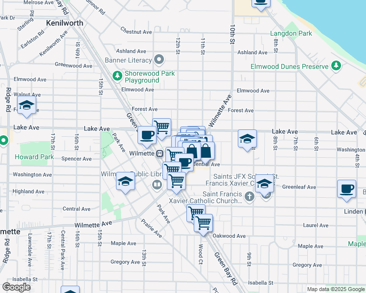 map of restaurants, bars, coffee shops, grocery stores, and more near 1140 Wilmette Avenue in Wilmette