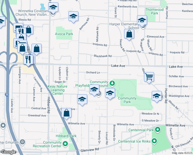 map of restaurants, bars, coffee shops, grocery stores, and more near 2737 Orchard Lane in Wilmette