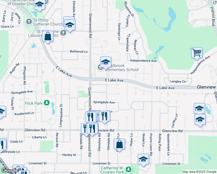 map of restaurants, bars, coffee shops, grocery stores, and more near 3065 Lindenwood Lane in Glenview
