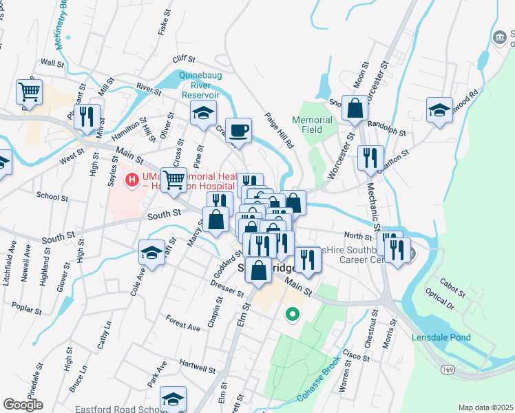 map of restaurants, bars, coffee shops, grocery stores, and more near 105 Hamilton Street in Southbridge