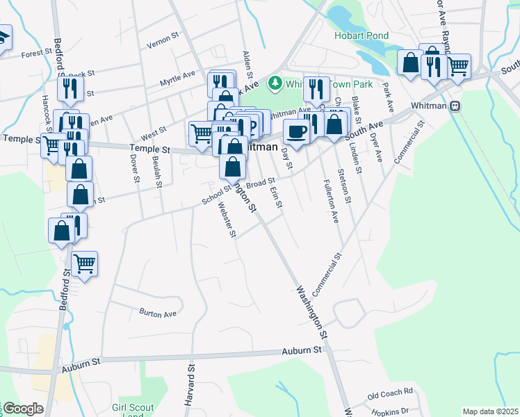 map of restaurants, bars, coffee shops, grocery stores, and more near 459 Washington Street in Whitman