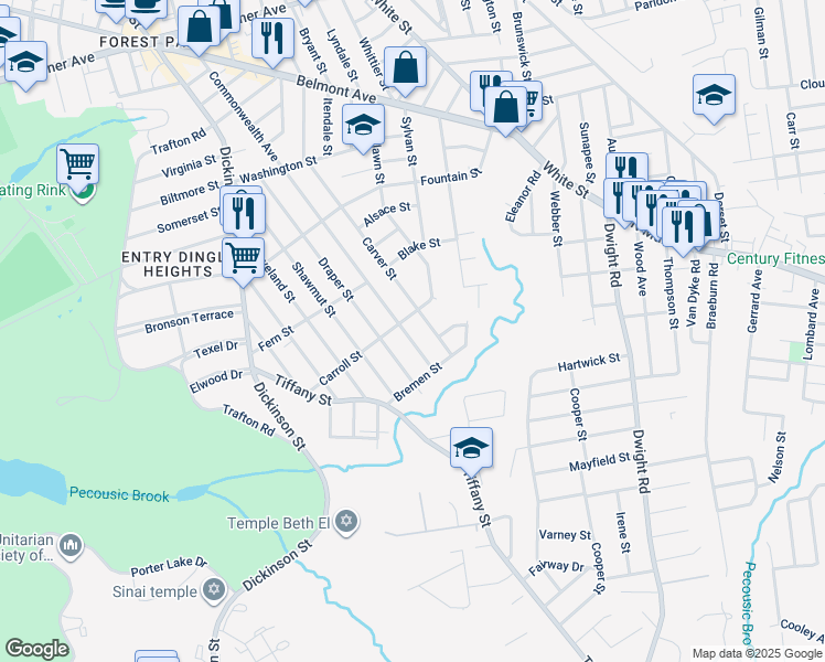 map of restaurants, bars, coffee shops, grocery stores, and more near 137 Carroll Street in Springfield