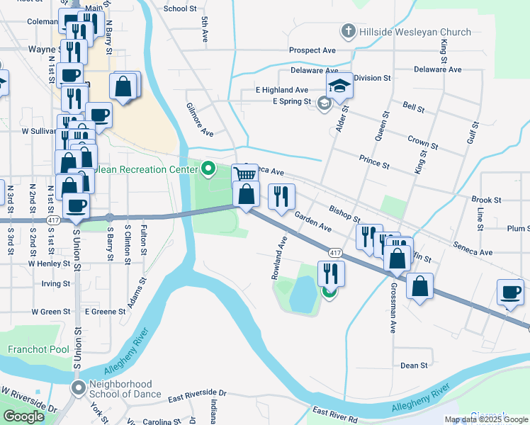 map of restaurants, bars, coffee shops, grocery stores, and more near 635 East State Street in Olean