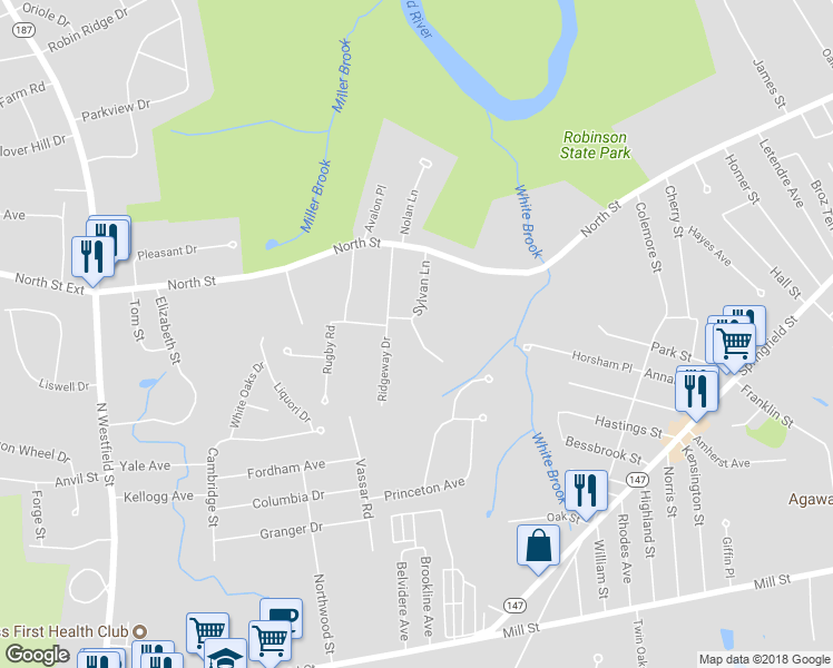 map of restaurants, bars, coffee shops, grocery stores, and more near 76 Sylvan Lane in Agawam