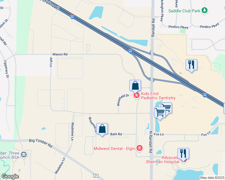 map of restaurants, bars, coffee shops, grocery stores, and more near 2500 Westfield Drive in Elgin