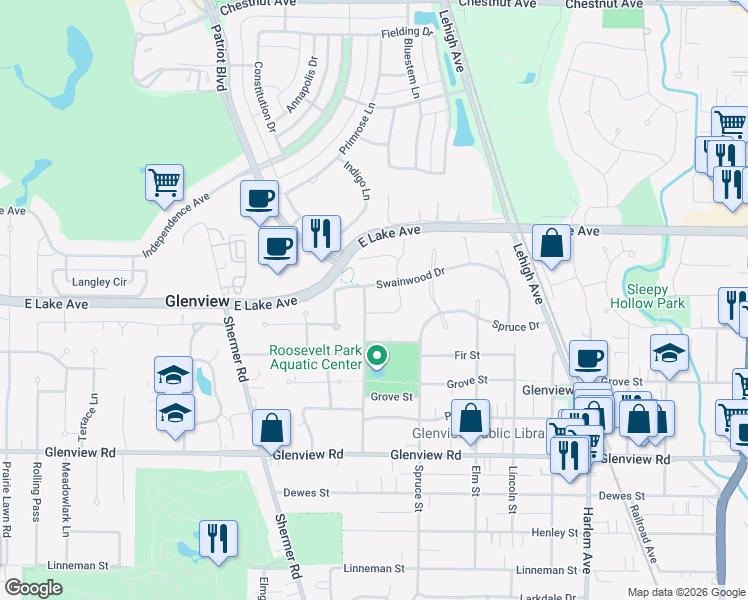 map of restaurants, bars, coffee shops, grocery stores, and more near 2237 Swainwood Drive in Glenview