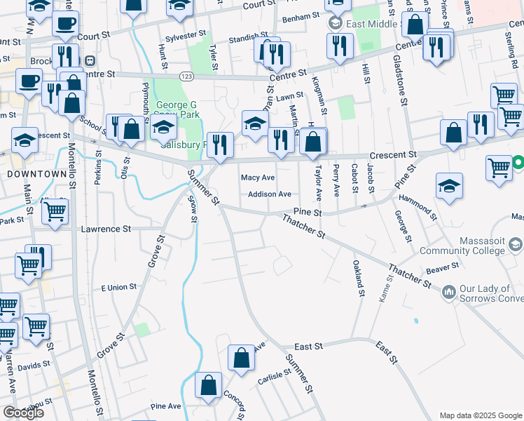 map of restaurants, bars, coffee shops, grocery stores, and more near 56 Pine Street in Brockton