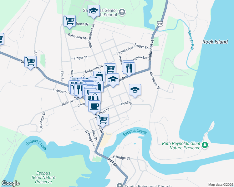map of restaurants, bars, coffee shops, grocery stores, and more near 11 Division Street in Saugerties