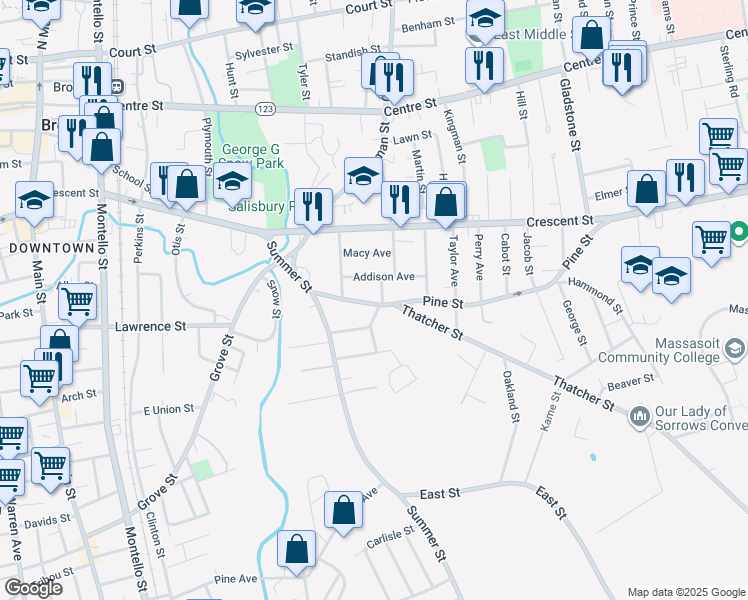 map of restaurants, bars, coffee shops, grocery stores, and more near 56 Pine Street in Brockton