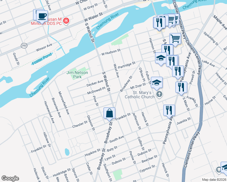 map of restaurants, bars, coffee shops, grocery stores, and more near 478 Mount Zoar Street in Elmira