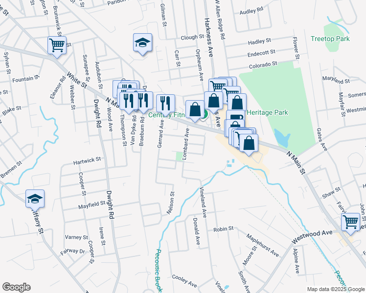 map of restaurants, bars, coffee shops, grocery stores, and more near 39 Lombard Avenue in East Longmeadow