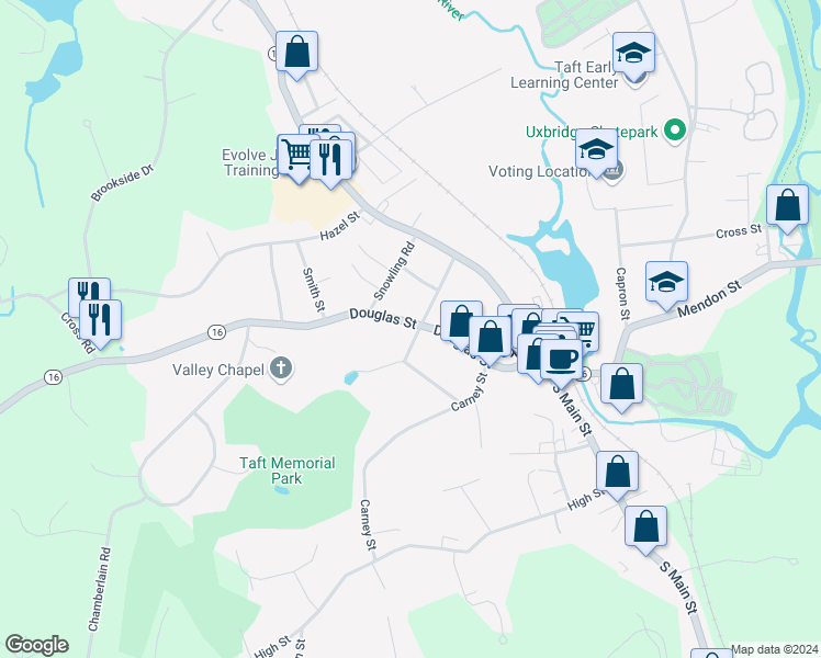 map of restaurants, bars, coffee shops, grocery stores, and more near 74 Douglas Street in Uxbridge