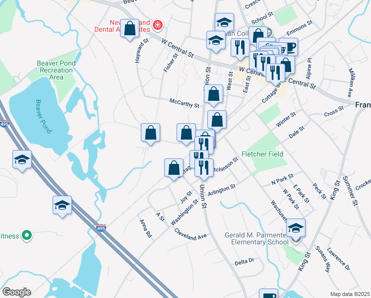 map of restaurants, bars, coffee shops, grocery stores, and more near 305 Union Street in Franklin